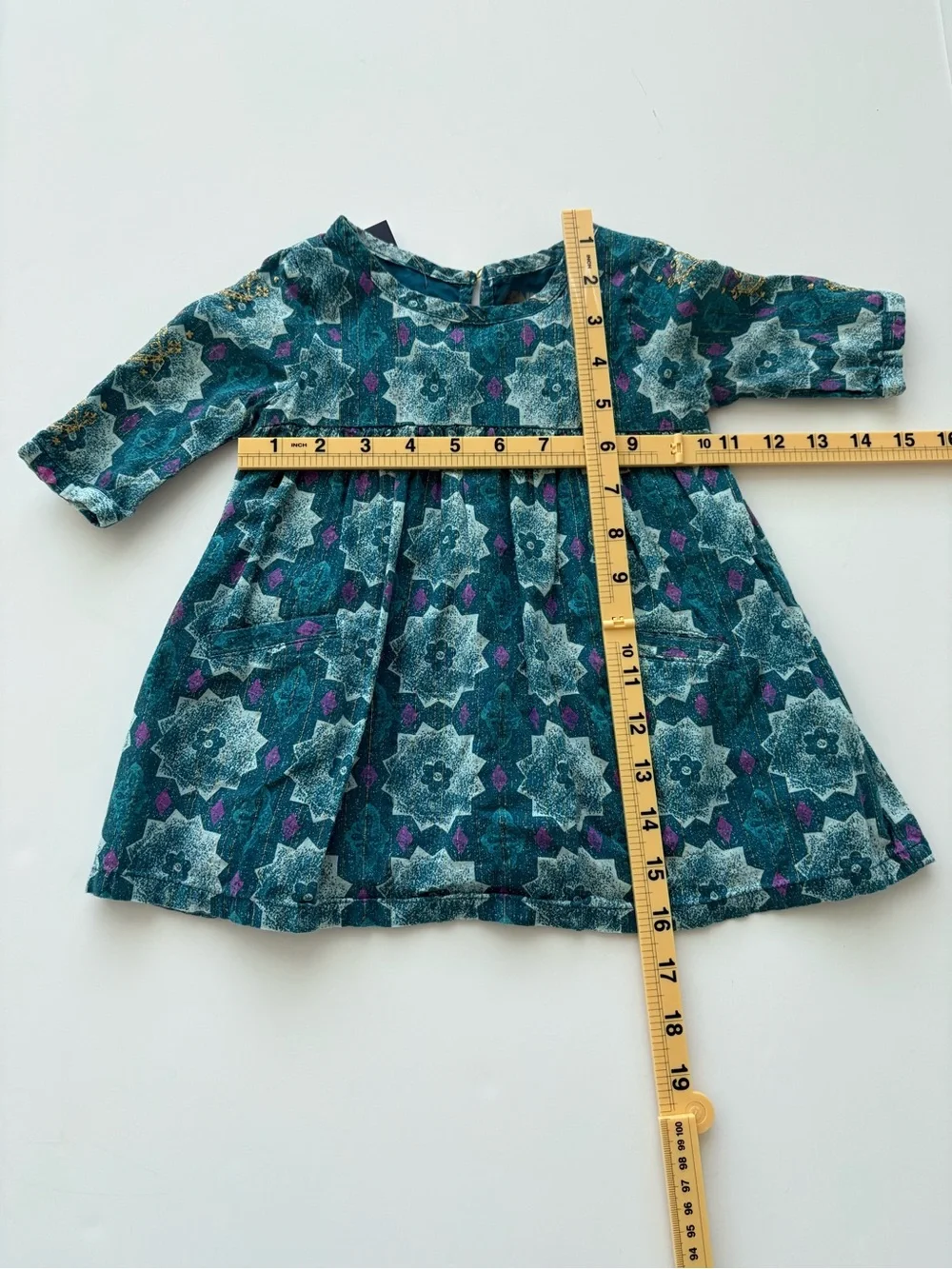 KIDS OshKosh B’gosh Girls Teal Geometric Metallic Print Dress Size 18M NWT